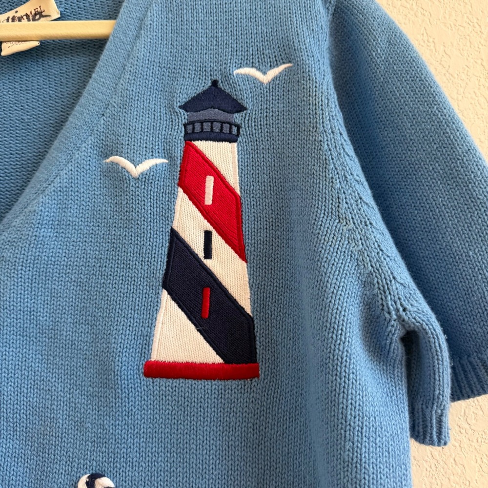 Bechamel Womens Blue Nautical Embroidered Short Sleeve Cardigan Sweater Large - Picture 3 of 12